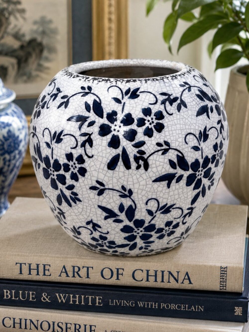 Vintage Blue White Crackle Glaze Ceramic Cachepot Planter Vase Floral 7.25"